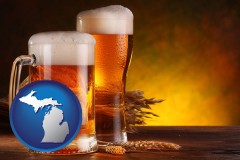 michigan map icon and beer steins and hops